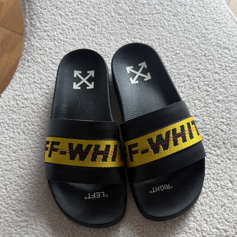 Off-White Black Slides with Yellow Logo Strap
